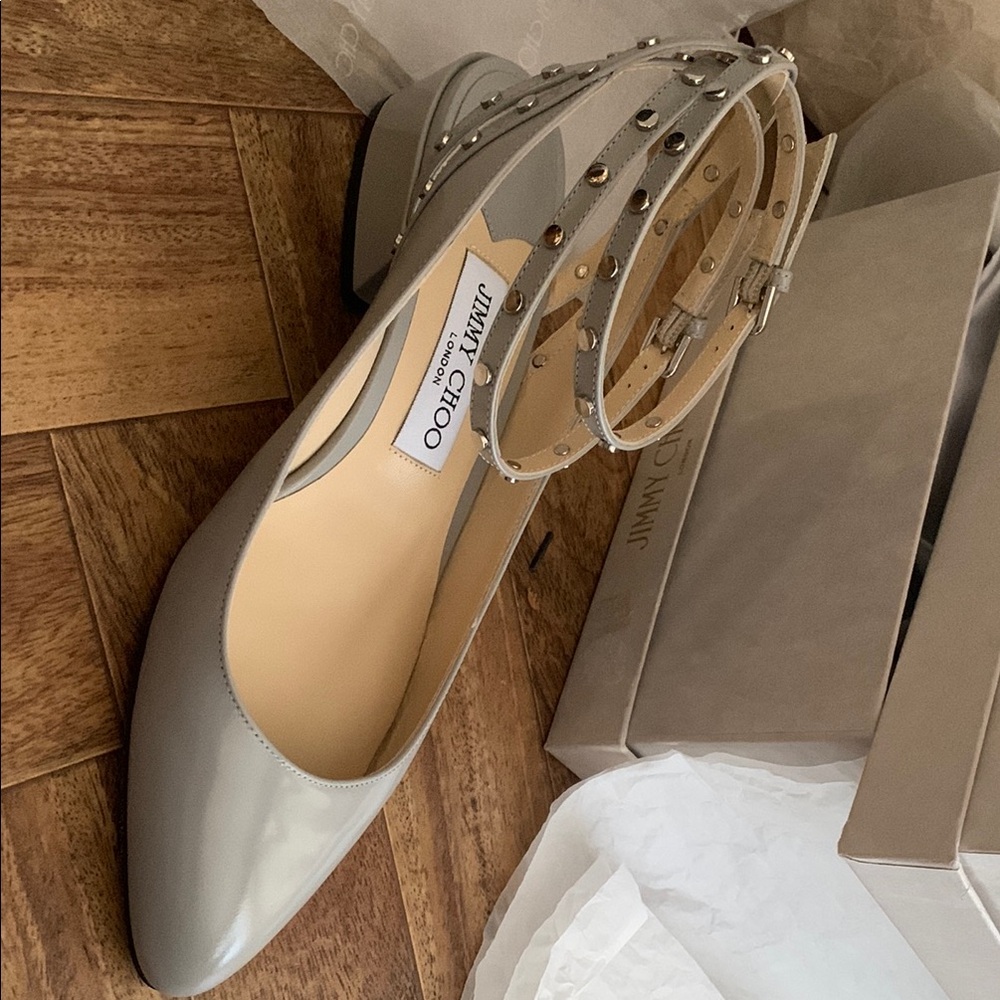 100% Authentic Jimmy Choo “Daniella” Gray Flats with Ankle Straps